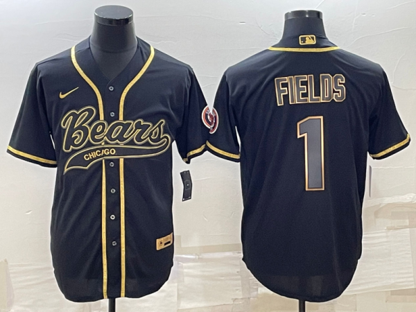 Men's Chicago Bears #1 Justin Fields Black Gold With Patch Stitched Baseball Jersey