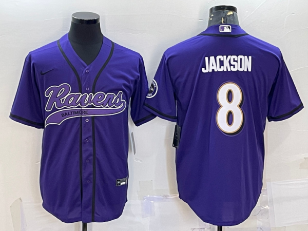 Men's Baltimore Ravens #8 Lamar Jackson Purple With Patch Stitched Baseball Jersey