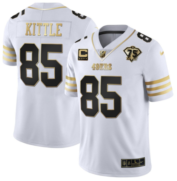 Men's San Francisco 49ers #85 George Kittle White With 75th Anniversary Patch Jersey