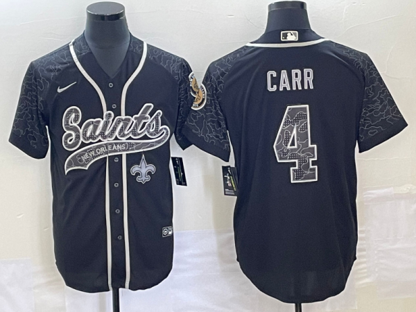 Men's New Orleans Saints #4 Derek Carr Black Reflective With Patch Baseball Jersey