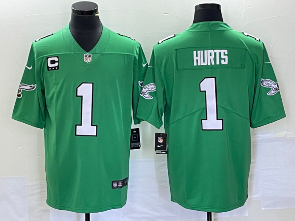 Men's Philadelphia Eagles #1 Jalen Hurts Green Vapor Limited With C Patch Jersey