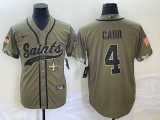 Men's New Orleans Saints #4 Derek Carr Olive Salute To Service With Patch Baseball Jersey