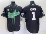 Men's Philadelphia Eagles #1 Jalen Hurts Black With C Patch Cool Base Stitched Baseball Jersey