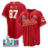 Men's Kansas City Chiefs #87 Travis Kelce Red With 4-Star C Patch And Super Bowl LVII Patch Jersey