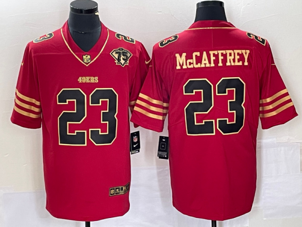 Men's San Francisco 49ers #23 Christian McCaffrey Red With 75th Anniversary Patch Jersey