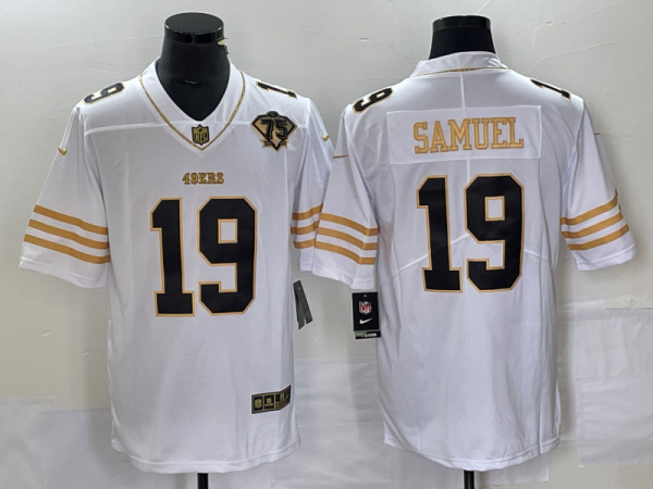 Men's San Francisco 49ers #19 Deebo Samuel White With 75th Anniversary Patch Jersey