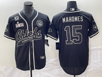 Men's Kansas City Chiefs #15 Patrick Mahomes Black Super Bowl LVII Patch And 4-Star Baseball Jersey