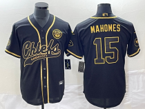 Men's Kansas City Chiefs #15 Patrick Mahomes Black Gold Baseball Jersey