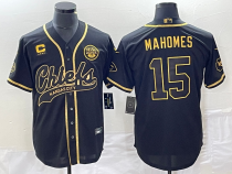 Men's Kansas City Chiefs #15 Patrick Mahomes Black Gold 4-Star C Patch Baseball Jersey