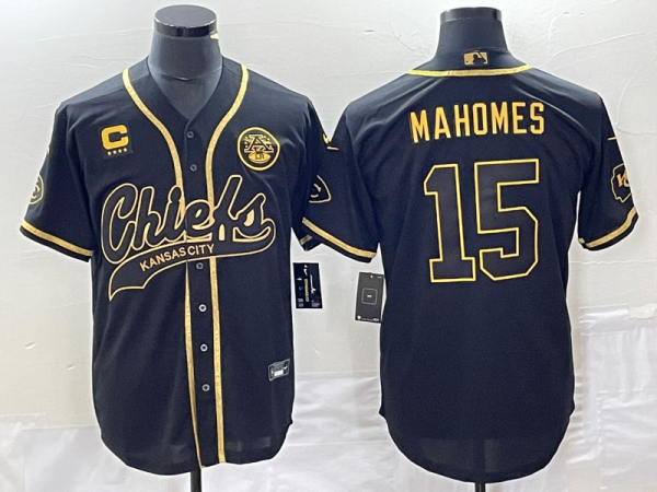 Men's Kansas City Chiefs #15 Patrick Mahomes Black Gold 4-Star C Patch Baseball Jersey