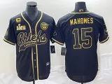 Copy Men's Kansas City Chiefs #15 Patrick Mahomes Black Gold Super Bowl LVII Patch And 4-Star Baseball Jersey