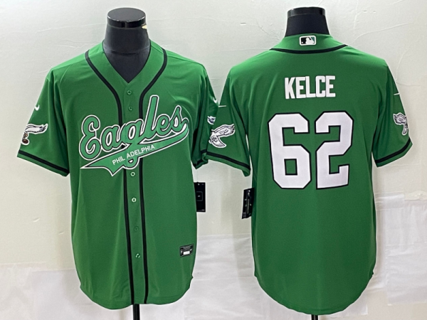 Men's Philadelphia Eagles #62 Jason Kelce Green Stitched Baseball Jersey