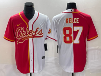 Men’s Kansas City Chiefs #87 Travis Kelce Red White Split Stitched Baseball Jersey