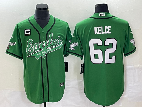 Men's Philadelphia Eagles #62 Jason Kelce Green With C Patch Stitched Jersey