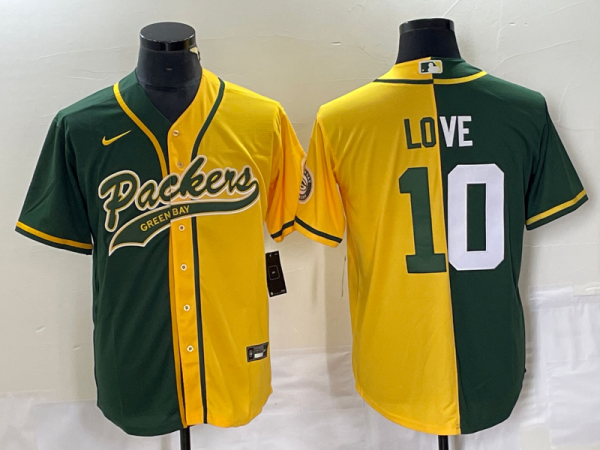 Men's Green Bay Packers #10 Jordan Love Green/Gold Split Stitched Baseball Jersey