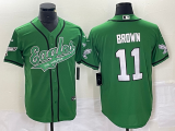 Men's Philadelphia Eagles #11 A. J. Brown Green Gold Cool Base Baseball Stitched Jersey