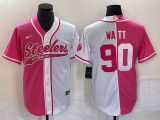 Men's Pittsburgh Steelers #90 T.J. Watt Pink White Split Stitched Baseball Jersey