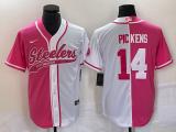 Men's Pittsburgh Steelers #14 Pickens Pink White Split Stitched Baseball Jersey