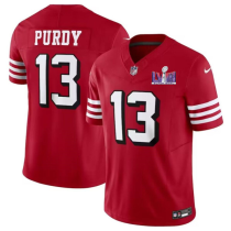 Men's San Francisco 49ers #13 Brock Purdy New Red Color Rush 2024 F.U.S.E. Super Bowl LVIII Patch Jersey