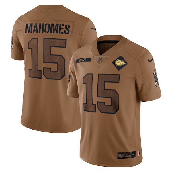 Men’s Kansas City Chiefs #15 Patrick Mahomes 2023 Brown Salute To Service Limited Jersey