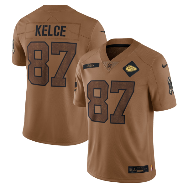 Men’s Kansas City Chiefs #87 Travis Kelce 2023 Brown Salute To Service Limited Jersey