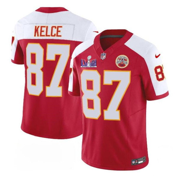 Men’s Kansas City Chiefs #87 Travis Kelce Red/White 2024 F.U.S.E. Super Bowl LVIII Jersey