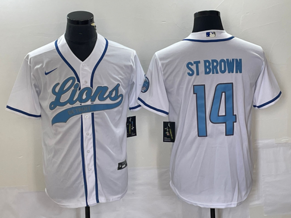 Men's Detroit Lions #14 Amon Ra St Brown White Cool Base Stitched Baseball Jersey