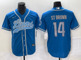 Men's Detroit Lions #14 Amon Ra St Brown Blue Cool Base Stitched Baseball Jersey
