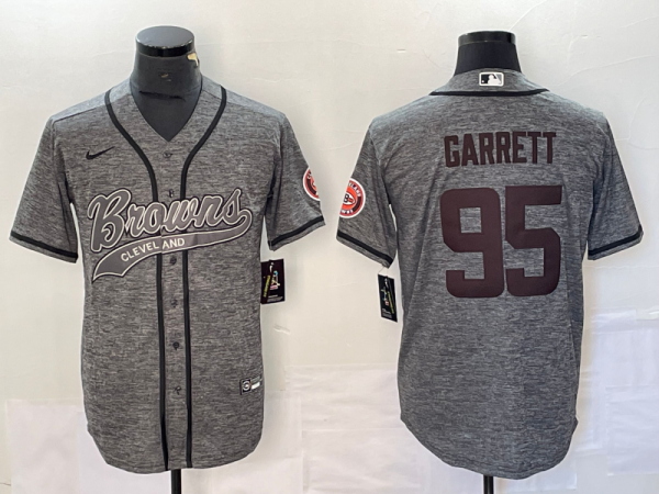 Men's Cleveland Browns #95 Myles Garrett Gray With Patch Cool Base Stitched Baseball Jersey