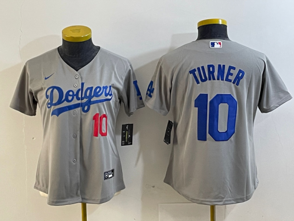 Women MLB Los Angeles Dodgers #10 Turner Grey Game Jersey