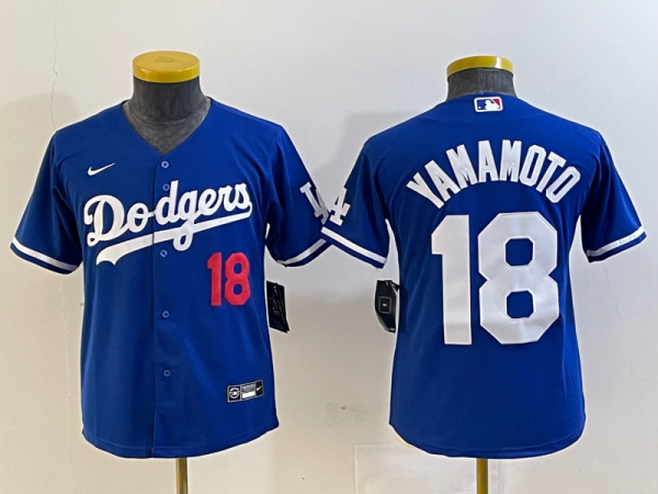 Youth Los Angeles Dodgers #18 Yoshinobu Yamamoto Blue Game Jersey