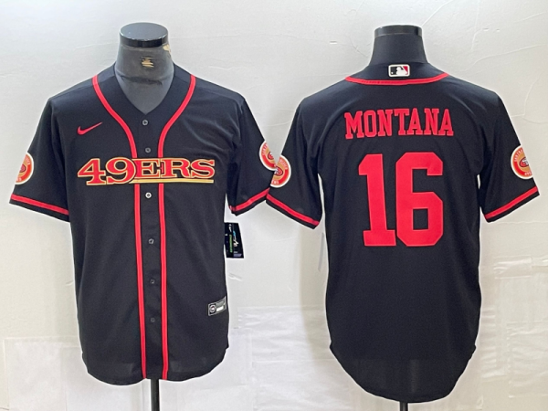 Men's San Francisco 49ers #16 Joe Montana Black With Patch Cool Base Stitched Baseball Jersey