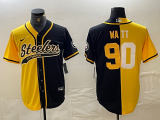 Men's Pittsburgh Steelers #90 T.J. Watt Yellow Black Split Team Big Logo Cool Base Stitched Baseball Jersey