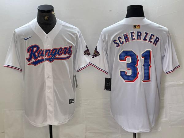 Men's Texas Rangers #31 Max Scherzer White Champions Nike Game Jersey