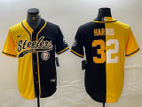 Men's Pittsburgh Steelers #32 Harris Yellow Black Split Team Big Logo Cool Base Stitched Baseball Jersey