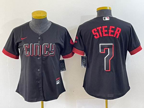 Women MLB Cincinnati Reds #7 Steer Black 2023 City Connect Stitched Jersey