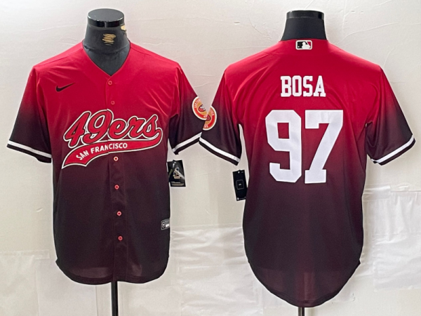 Men's San Francisco 49ers #97 Nick Bosa Red/Black With Patch Baseball Jersey