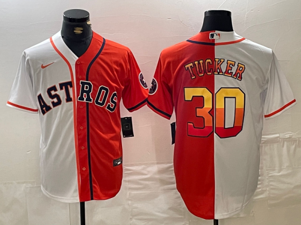 Men's Houston Astros #30 Kyle Tucker White/Orange Split With Patch Cool Base Stitched Jersey