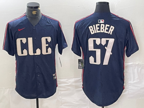 Men's Cleveland Guardians #57 Shane Bieber Navy 2024 City Connect Limited Stitched Jersey