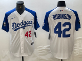 Men's Los Angeles Dodgers #42 Jackie Robinson White/Blue Vin Patch Cool Base Stitched Jersey