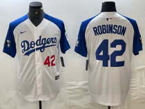 Men's Los Angeles Dodgers #42 Jackie Robinson White/Blue Vin Patch Cool Base Stitched Jersey