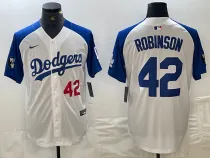 Men's Los Angeles Dodgers #42 Jackie Robinson White/Blue Vin Patch Cool Base Stitched Jersey