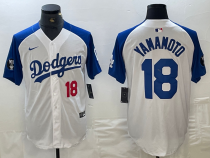 Men's Los Angeles Dodgers #18 Yoshinobu Yamamoto White/Blue Vin Patch Cool Base Stitched Jersey
