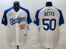 Men's Los Angeles Dodgers #50 Mookie Betts White/Blue Vin Patch Cool Base Stitched Jersey