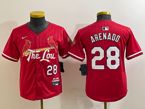 Youth St. Louis Cardinals #28 Nolan Arenado Red 2024 City Connect Stitched Baseball Jersey