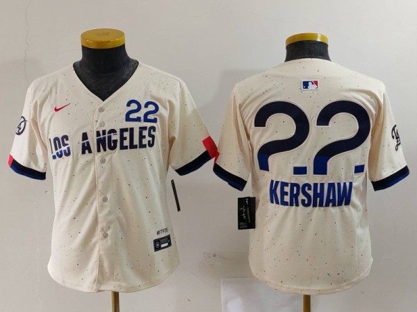 Youth Los Angeles Dodgers #22 Clayton Kershaw Cream 2024 City Connect Limited Stitched Jersey