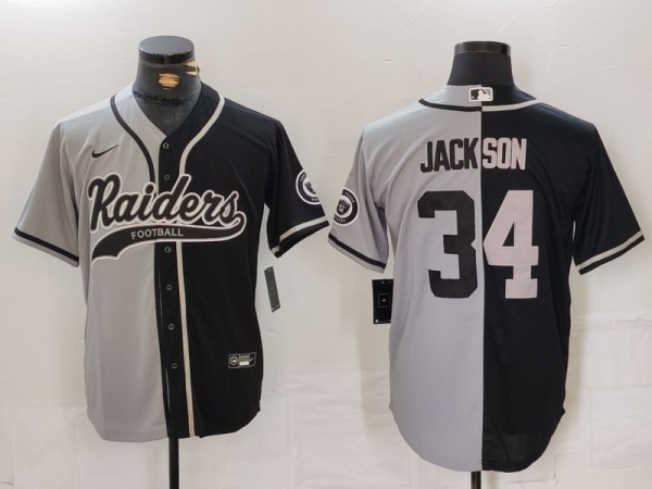 Men's Las Vegas Raiders #34 Bo Jackson Split Black/Grey Baseball Stitched Jersey