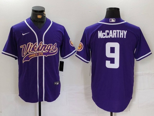 Men's Minnesota Vikings #9 J.J. McCarthy Purple Cool Base Stitched Baseball Jersey