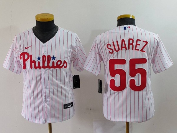 Youth MLB Philadelphia Phillies #55 Suarez White Home Stitched Jersey