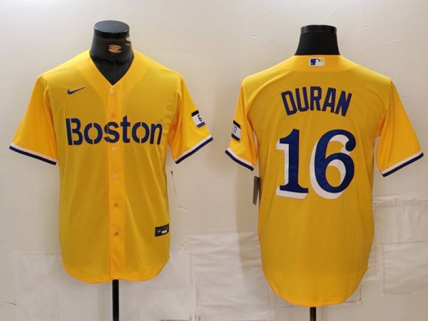 Men's Boston Red Sox #16 Jarren Duran Gold City Connect Stitched Jersey